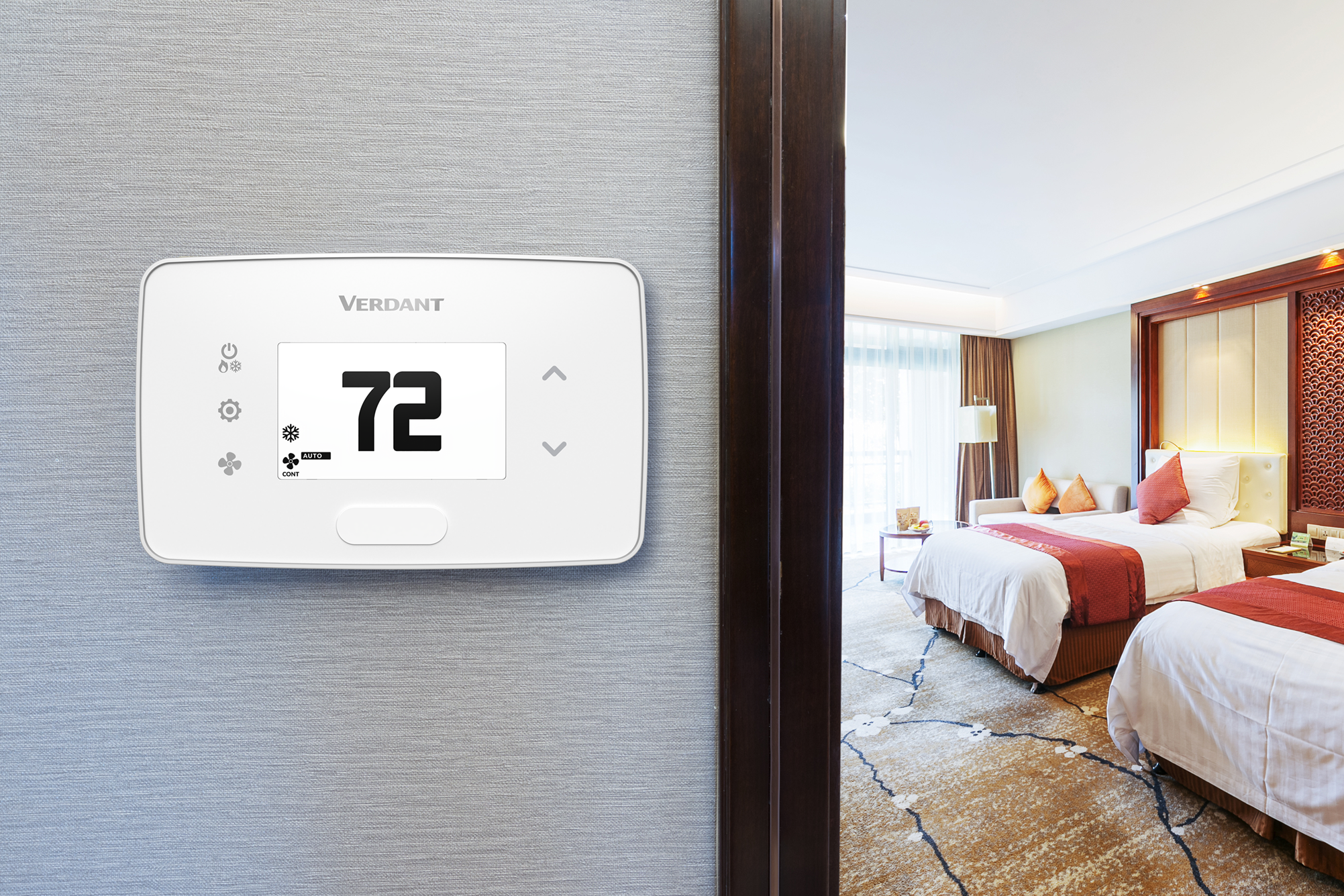 Verdant_VX4_Smart_Thermostat_White A Verdant VX4 wired smart thermostat (in black) installed in a hotel room to improve energy management