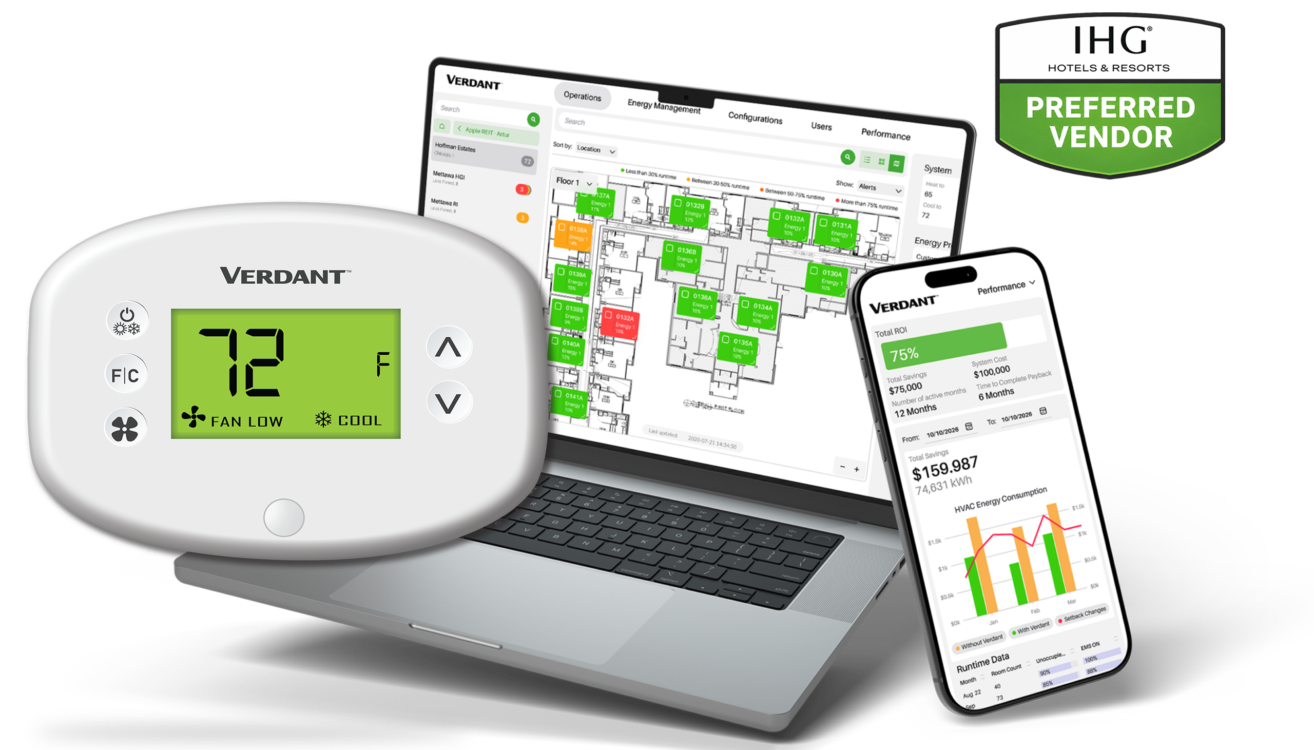 Verdant VX2 energy management system — thermostat, dashboard and mobile app